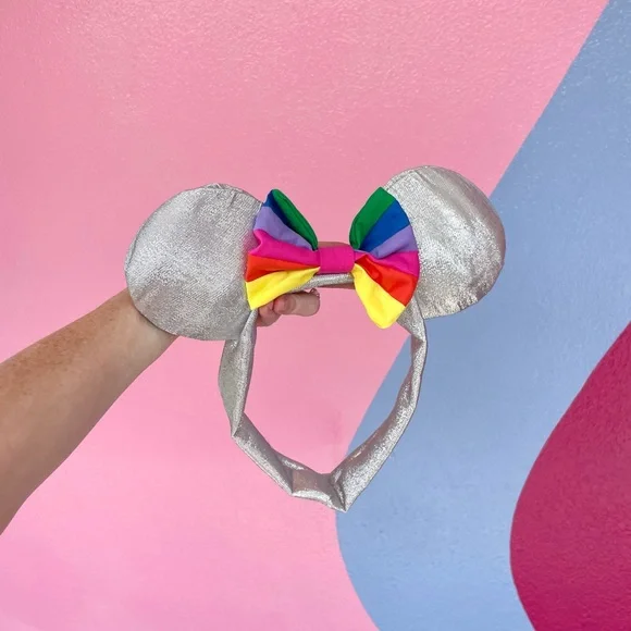 New York Couture Silver 80s Iconic Outfit Remake Rainbow Mouse Ears Tie Headband - Picture 3 of 7